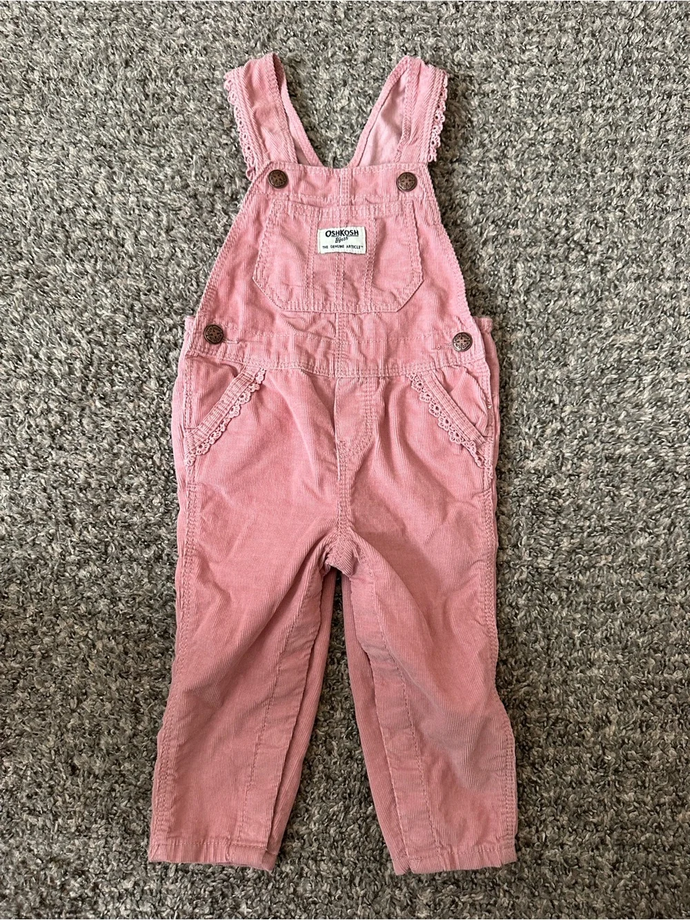 OshKosh B'gosh Dusty Pink Corduroy Overalls with Lace Trim